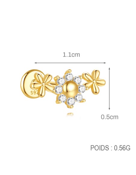 Labret 3 FLEURS 1,2mm - argent 925 doré à l'or fin