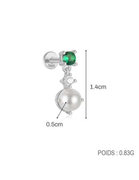 Labret VERT ET PERLE 1,2mm - argent 925