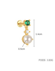 Labret VERT ET PERLE 1,2mm - argent 925 doré à l'or fin