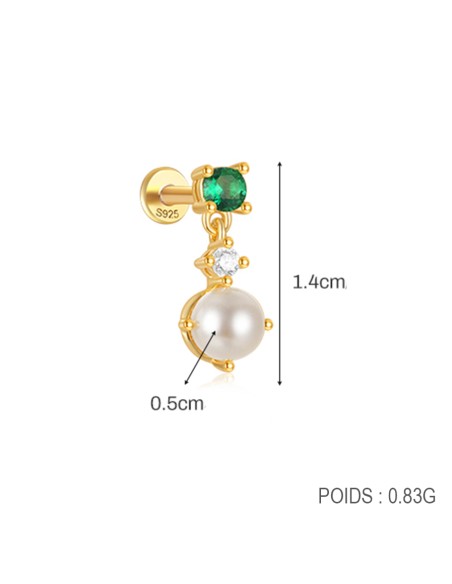 Labret VERT ET PERLE 1,2mm - argent 925 doré à l'or fin