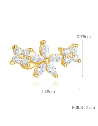 Labret 3 FLEURS CZ 1,2mm - argent 925 doré à...