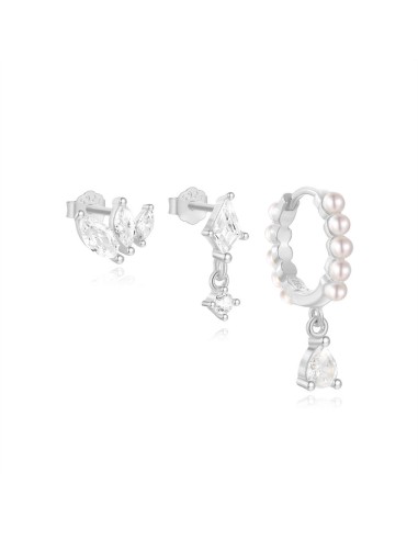 Set 3 boucles perles & zirconium - argent 925
