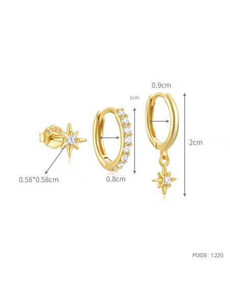 Set 3 boucles ETOILES - argent 925 doré à l'or fin