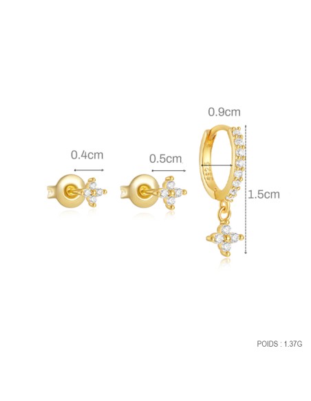 Set 3 boucles FLEURS - argent 925 doré à l'or fin