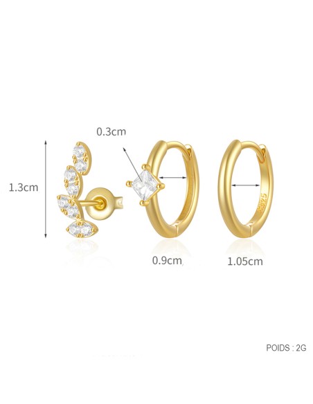 Set 3 créoles LEAF - argent 925 doré à l'or fin