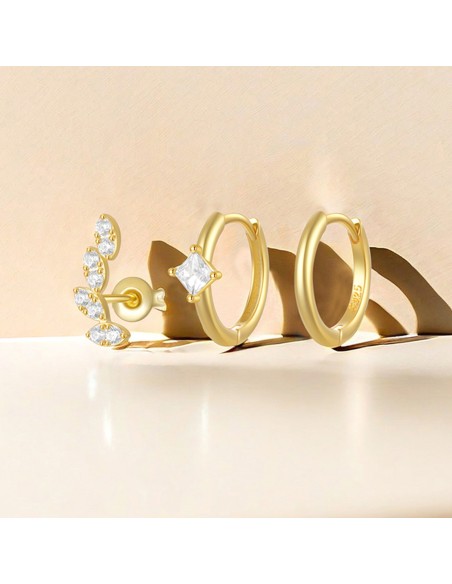 Set 3 créoles LEAF - argent 925 doré à l'or fin