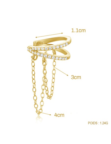 BAGUE OREILLE double anneaux et chaines - argent 925 doré à l'or fin