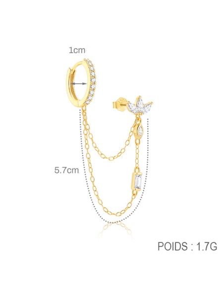 LOTUS 3 CHAINE – Boucle d’oreille double en argent 925 doré à l'or fin